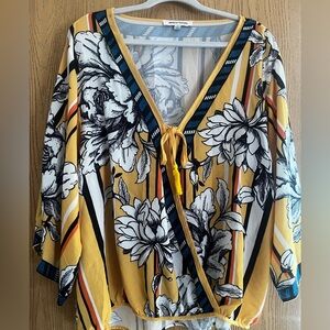 Jealous Tomato Yellow and Black Floral Wrap Blouse